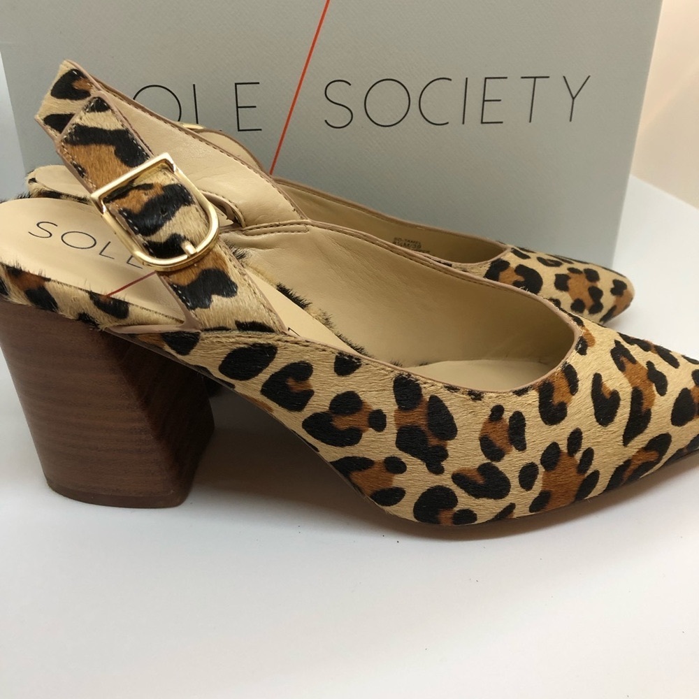 Brand New Sole Society So-Tamel Lepoard Calf Hair Sling Back Heels Sz 8 1/2 M